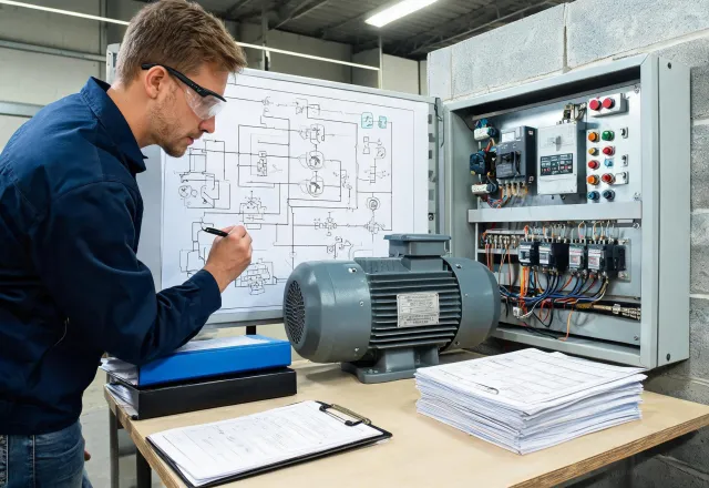 Drive engineer reviewing wiring and motor data